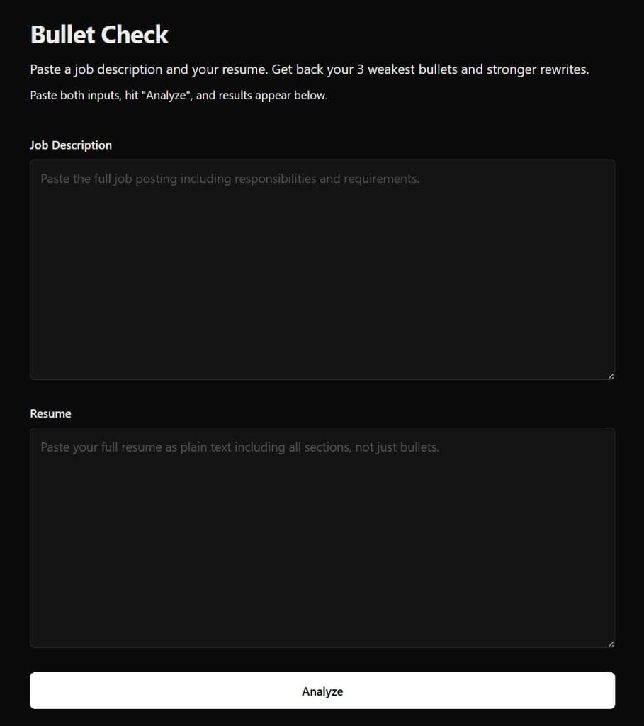 Bullet Check interface screenshot